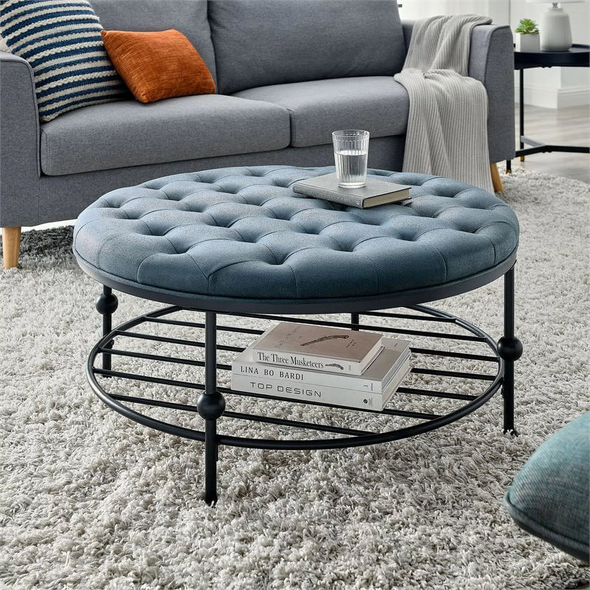 36" Round Faux Leather Tufted Cocktail Ottoman in Blue J6735