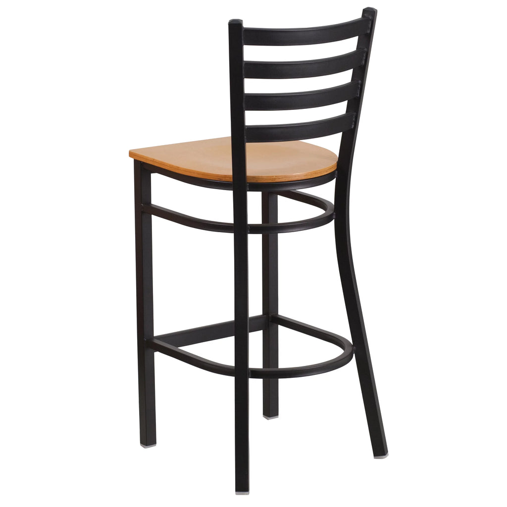 Black Ladder Back Metal Barstool with Natural Wood Seat T443