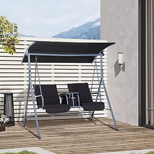 2 Person Porch Swing with Stand, Canopy, Storage Table, Cup Holders, Cushions, Dark Blue R827394