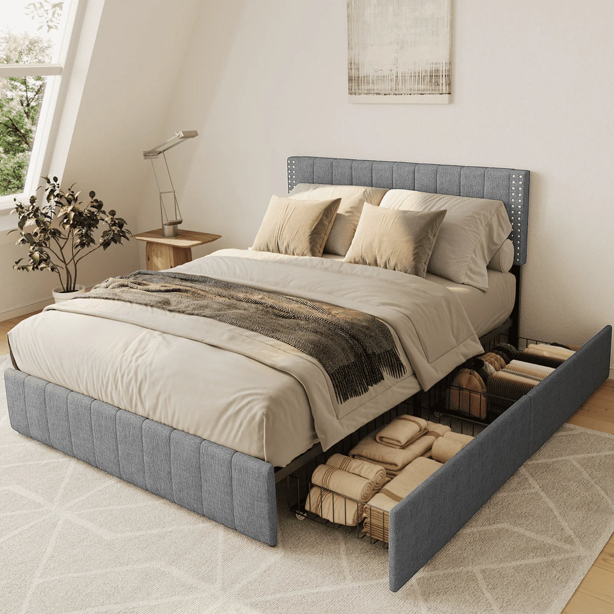 Full Light Grey Bed Frame with 4 Storage Drawers E46650