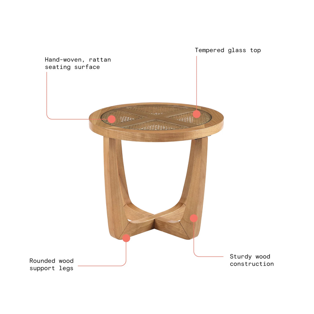 Rattan & Glass Side Table with Solid Wood Frame I3982