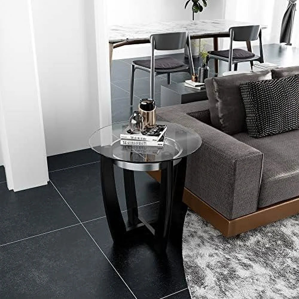 Round Glass End Table 26" Solid Wood Side Table with Tempered Glass Tabletop R92736