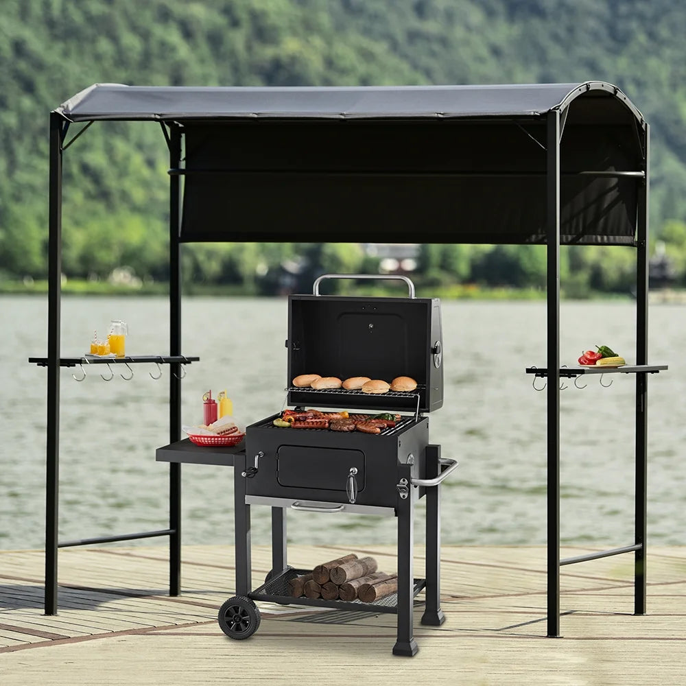 7FT Grill Gazebo BBQ Canopy with Sun Shade Panel Side Awning, 2 Exterior Serving Shelves Bar Counters, 10 Hooks S93403