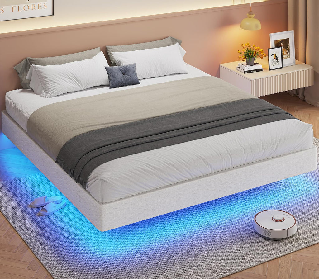 Queen Size Upholstered Platform Bed Frame with LED Lights and Underbed Storage E5241