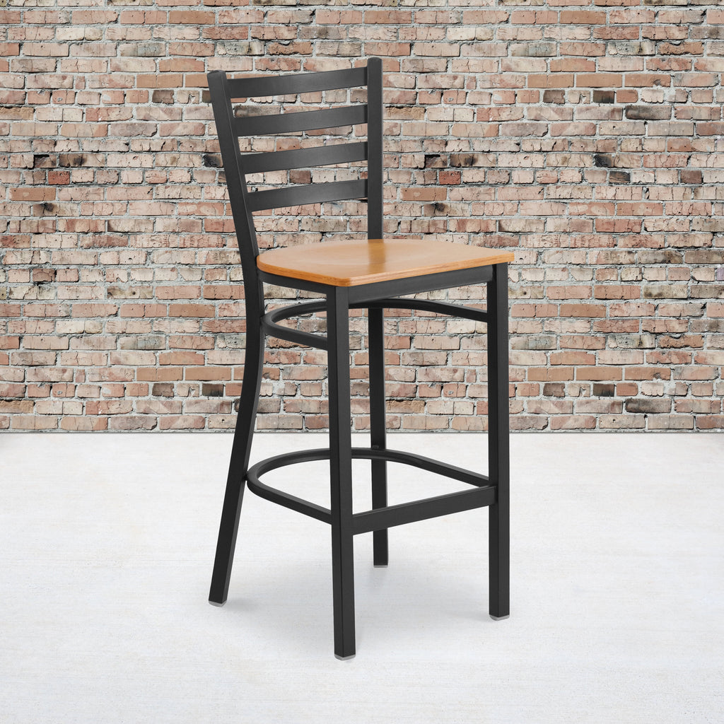 Black Ladder Back Metal Barstool with Natural Wood Seat T443
