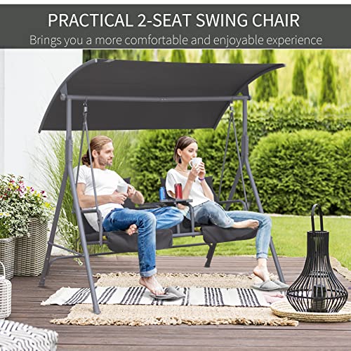2 Person Porch Swing with Stand, Canopy, Storage Table, Cup Holders, Cushions, Dark Blue R827394