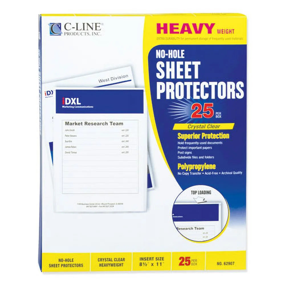 Top-Load No-Hole Sheet Protectors, Heavyweight, Clear, 2" Capacity, 25/bx C218