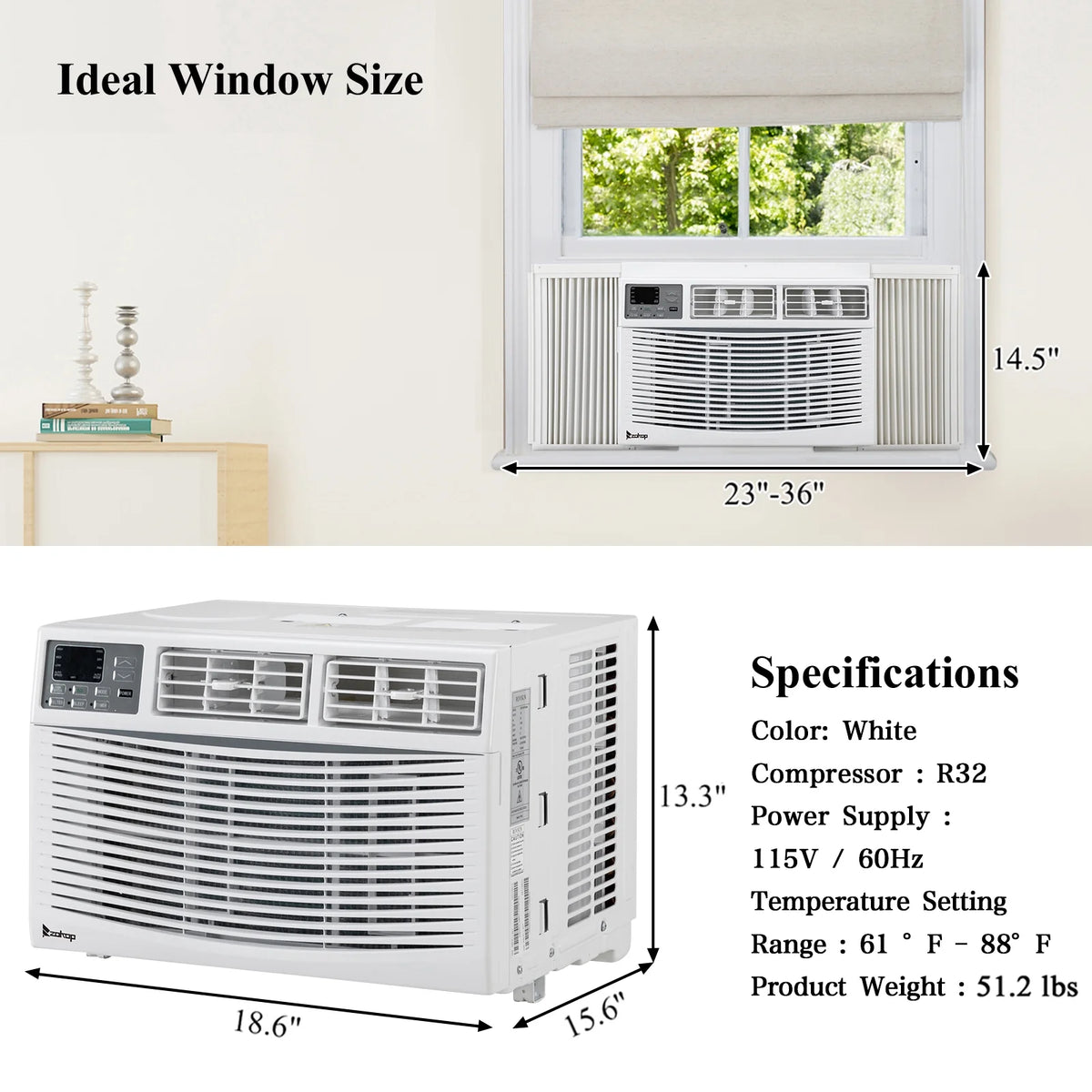 8000BTU White Window-Mounted Compact Air Conditioner with Remote Control Z71215