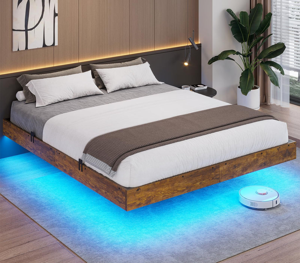 Queen Size Upholstered Platform Bed Frame with LED Lights and Underbed Storage E5241