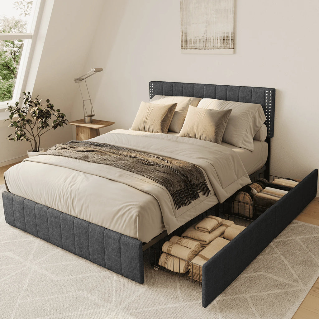 Full Light Grey Bed Frame with 4 Storage Drawers E46650