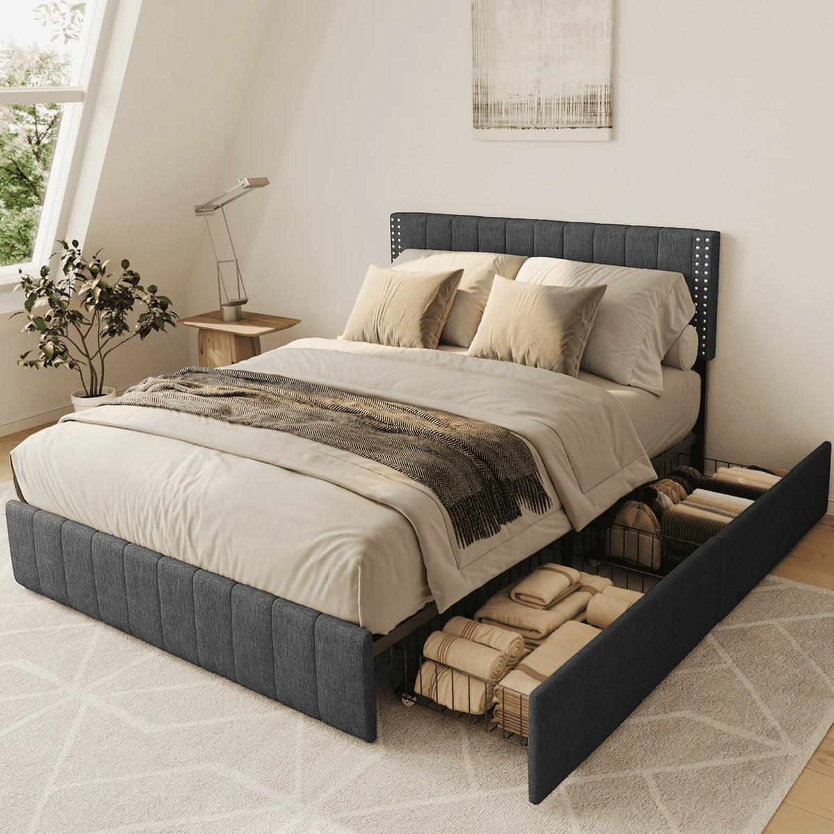 Full Light Grey Bed Frame with 4 Storage Drawers E46650
