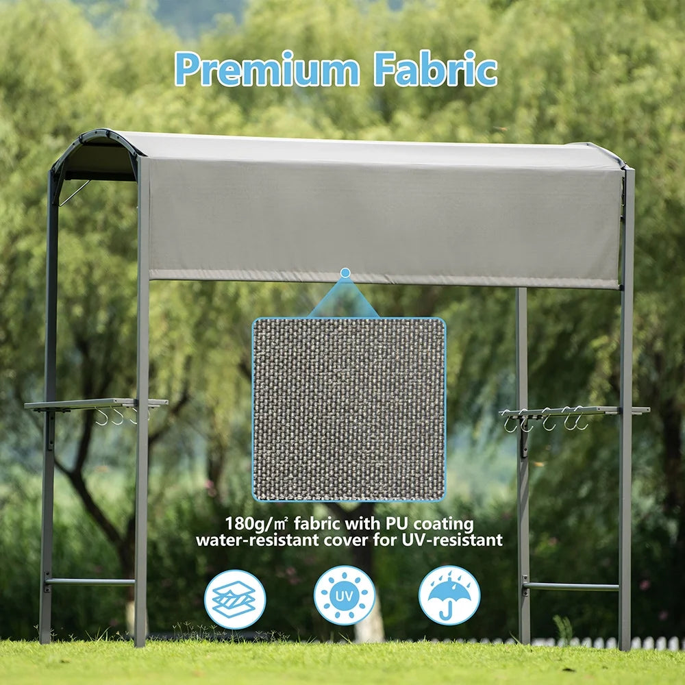 7FT Grill Gazebo BBQ Canopy with Sun Shade Panel Side Awning, 2 Exterior Serving Shelves Bar Counters, 10 Hooks S93403