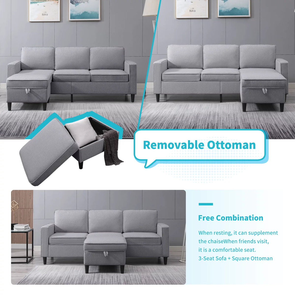Dark Gray L-Shaped Sectional Sofa with Storage Ottoman G23272
